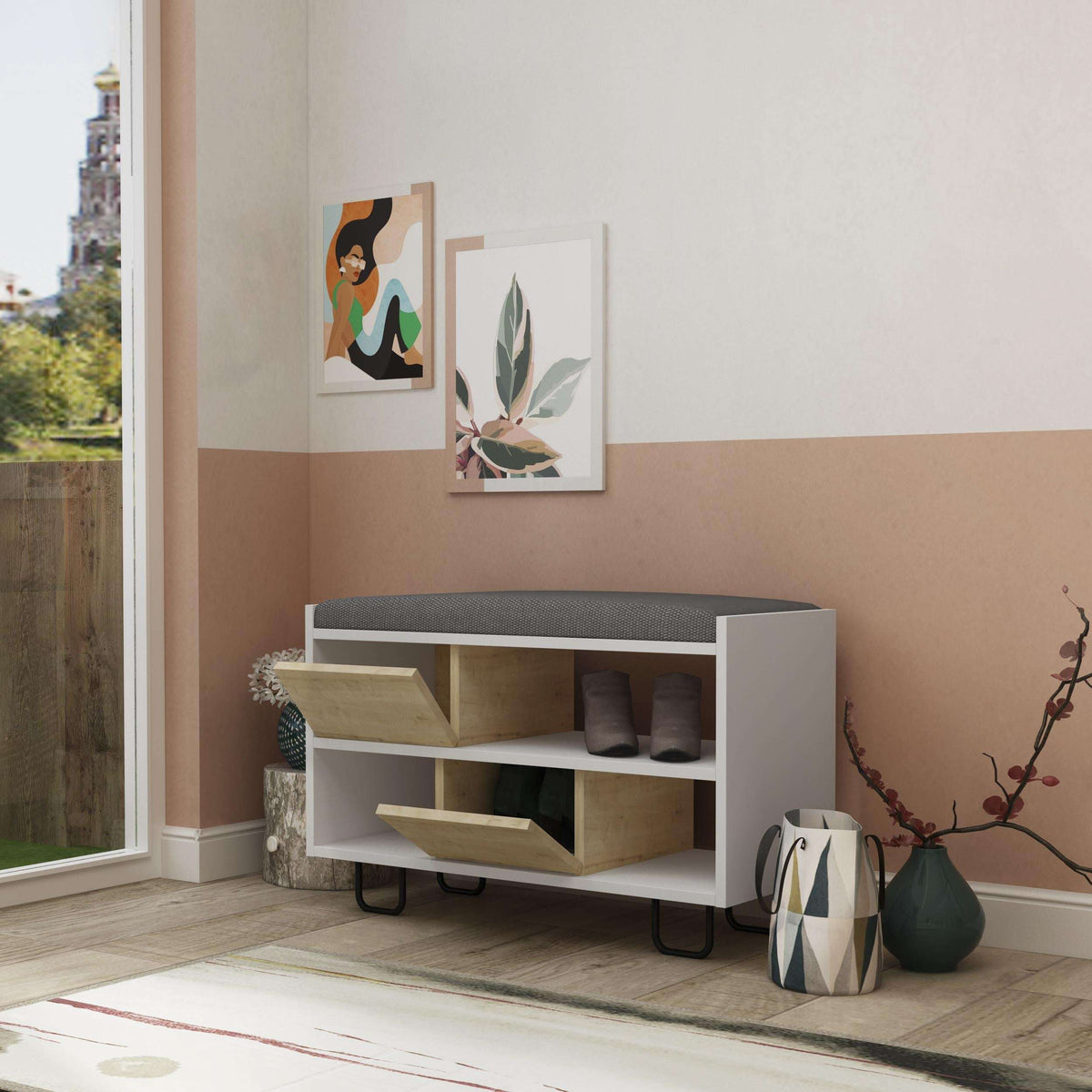 Storage bench with dark grey frame and oak-effect shelves, open cubbies and legs