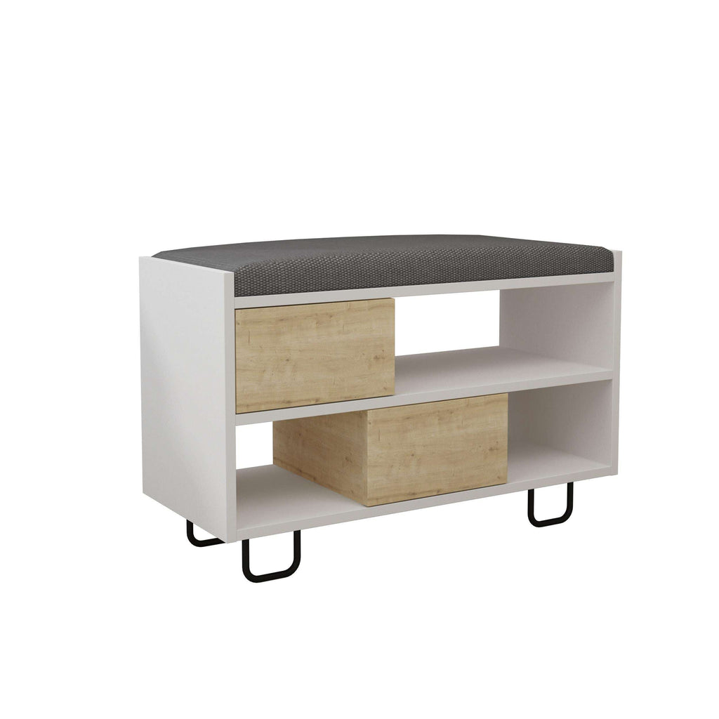 White storage bench with grey fabric top, open shelves with oak-effect panels
