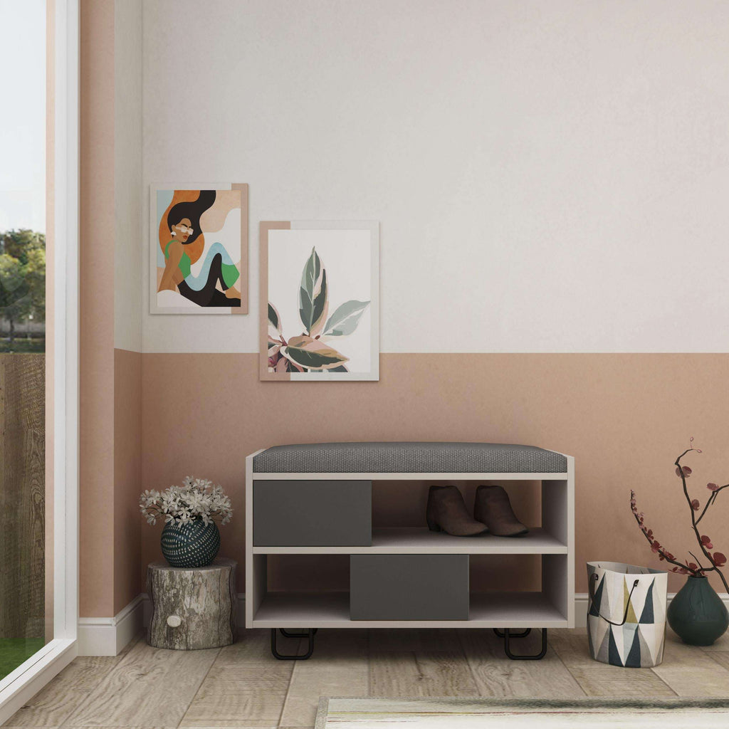 Storage bench with light grey frame and fabric seat, open cubbies for storage