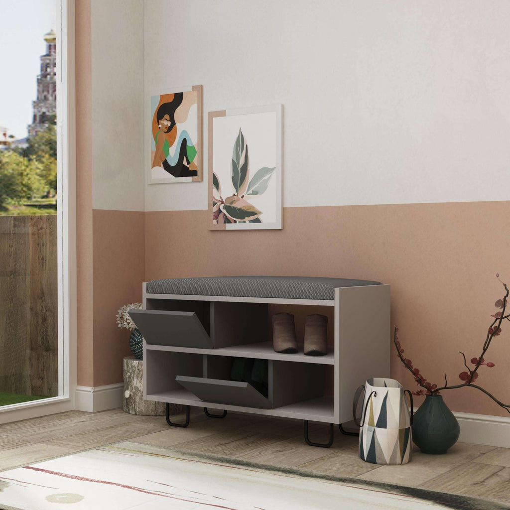 Storage bench with dark grey frame, fabric top, and open cubby shelves
