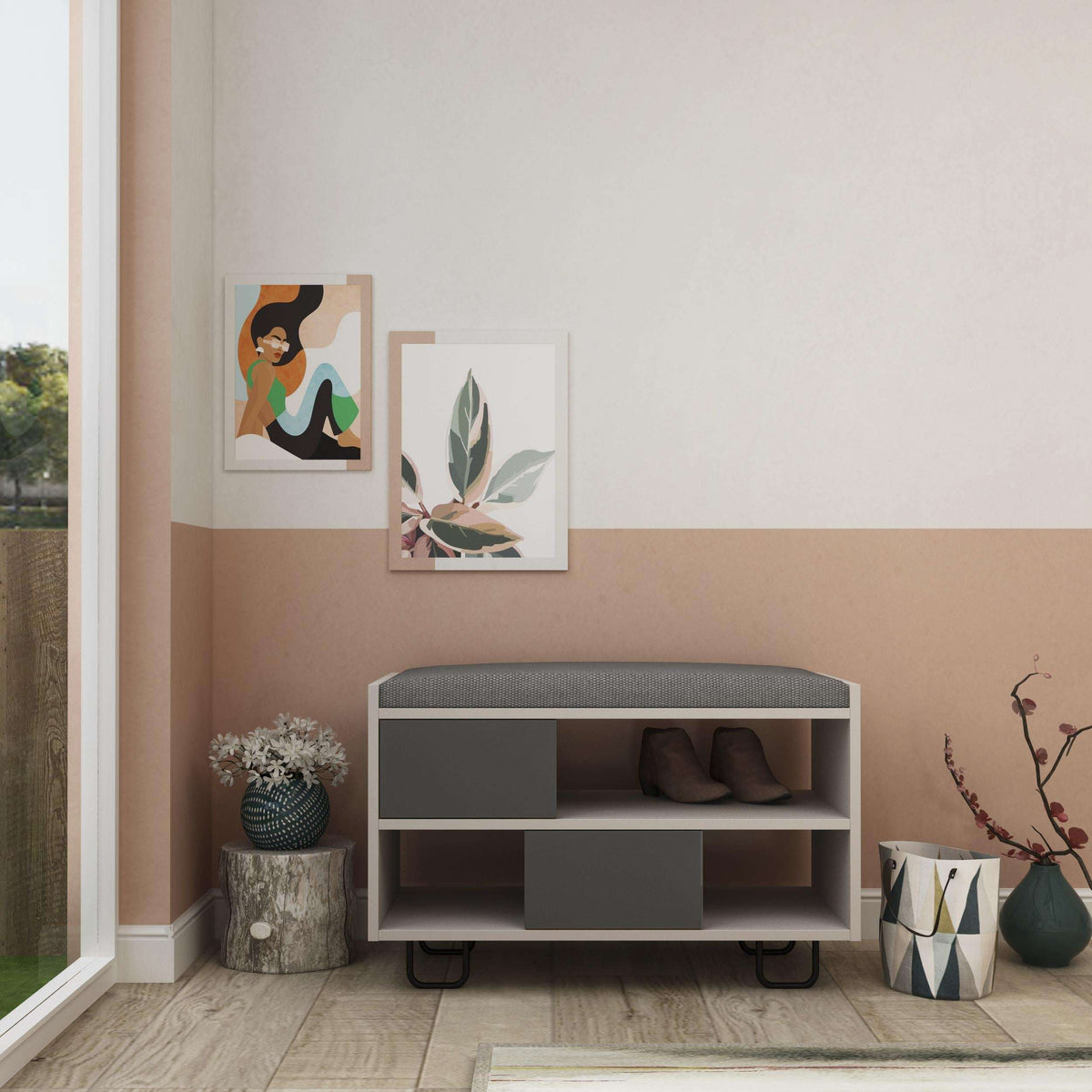 Modern bench with padded top and open storage shelves, retro grey finish