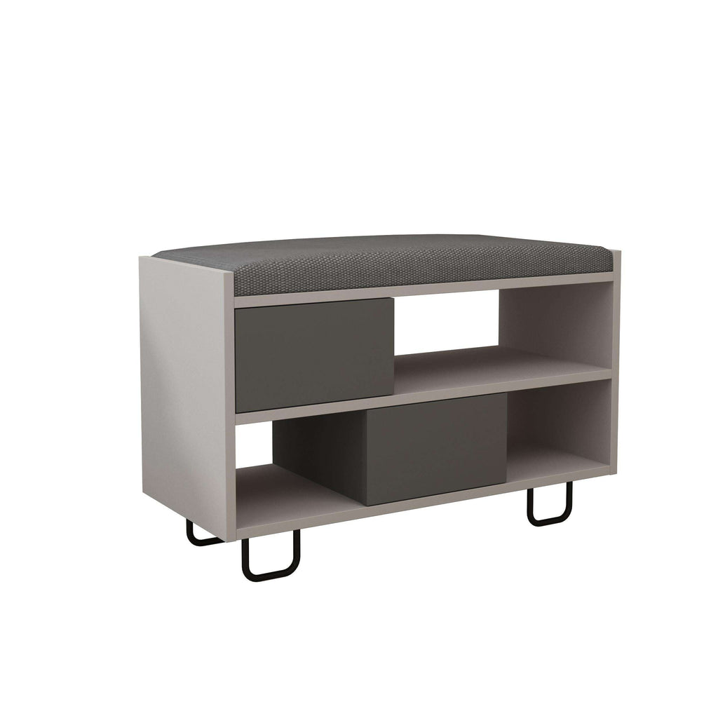 Modern bench with upholstered top, light frame and dark cubby panels