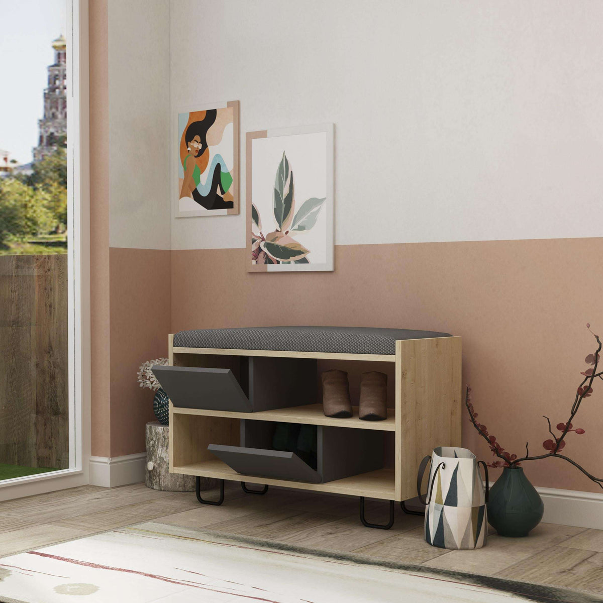 Modern storage bench with grey cushioned top, oak body, dark grey bins in open cubbies.