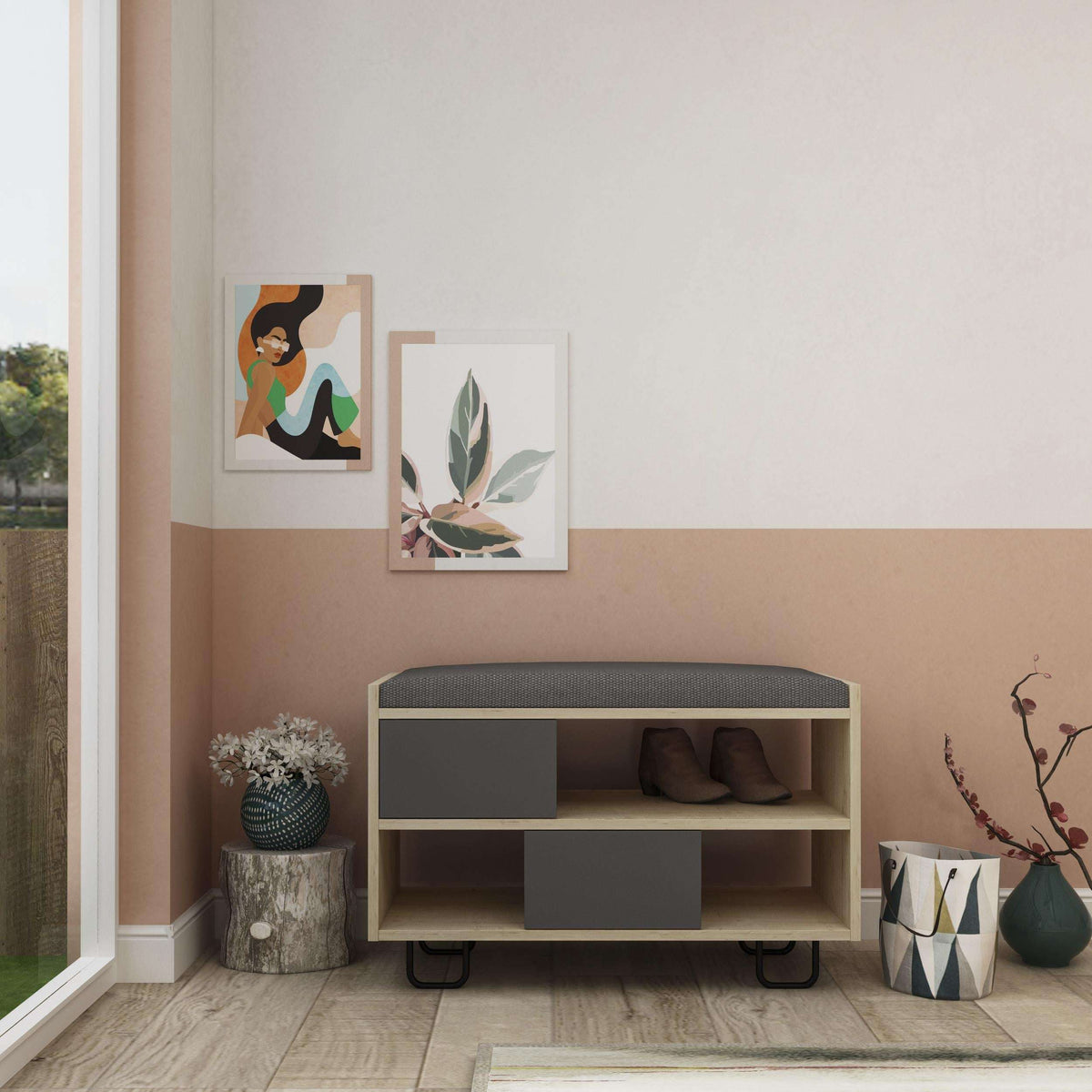 Modern storage bench with grey cushioned top, oak frame, mix of dark and light grey bins.