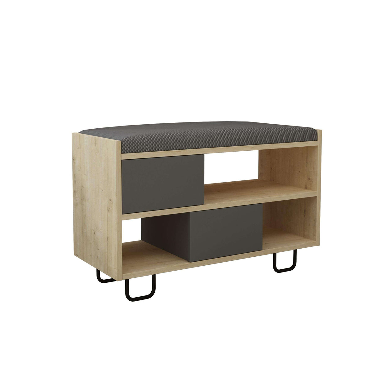 Storage bench with grey fabric seat, oak sides, open shelving and dark grey cube inserts.
