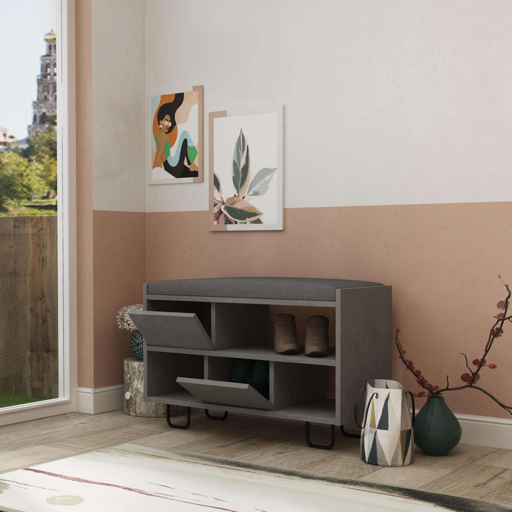 Modern bench with multiple storage cubbies and padded top, retro grey finish