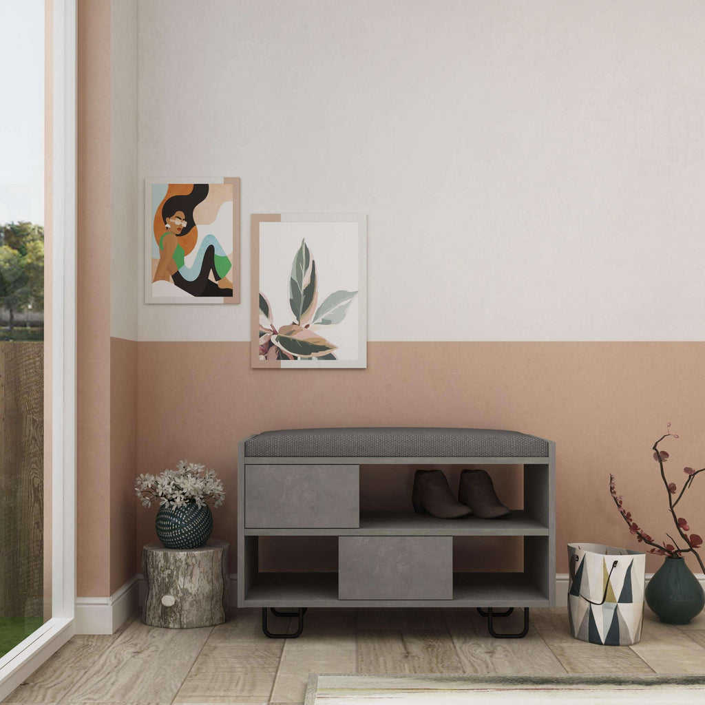 Modern bench with cushioned seat and open cubby compartments, retro grey finish