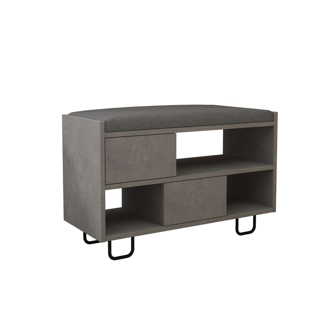 Modern bench with upholstered top, open shelves and cubbies, dark grey panels