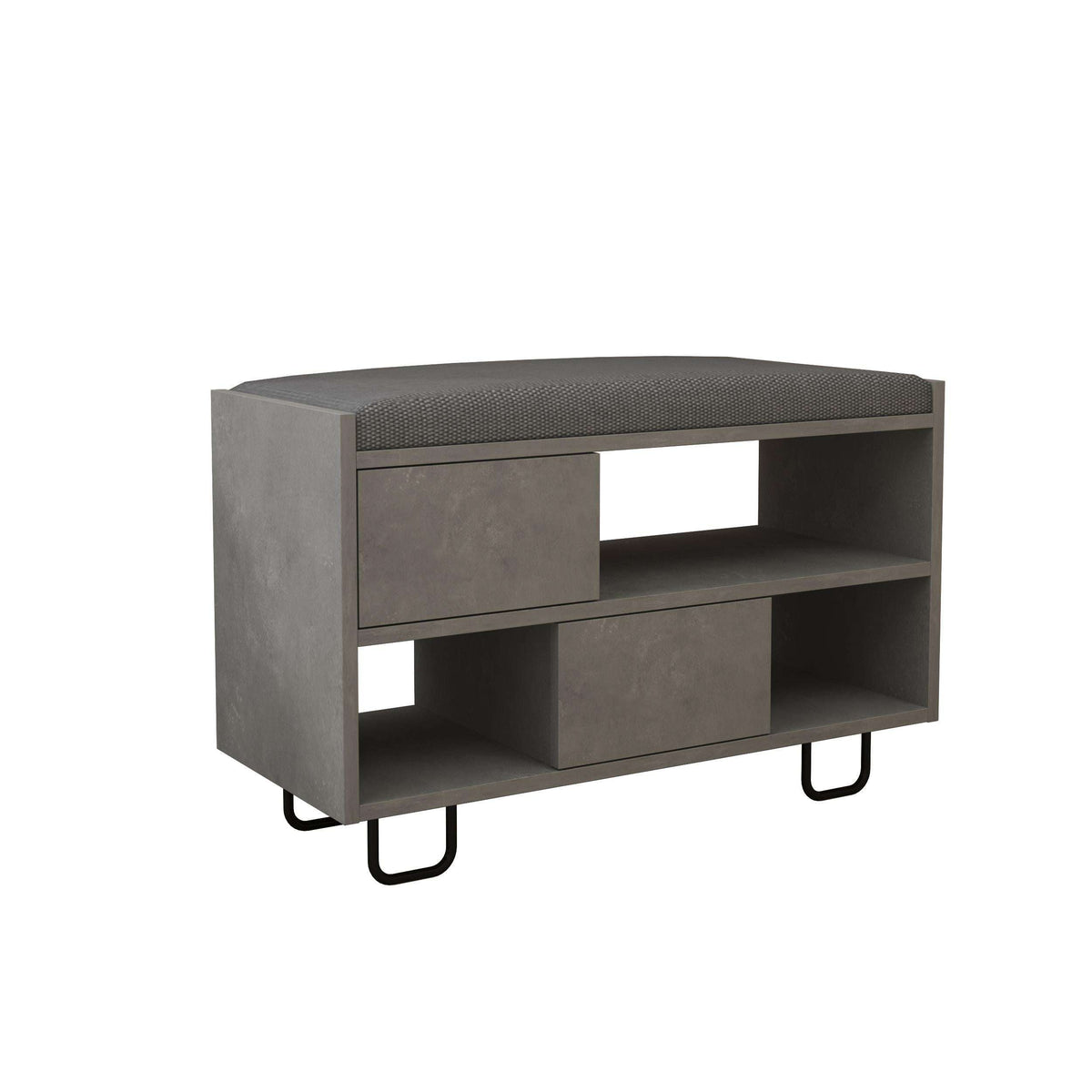 Modern bench with upholstered top, open shelves and cubbies, dark grey panels