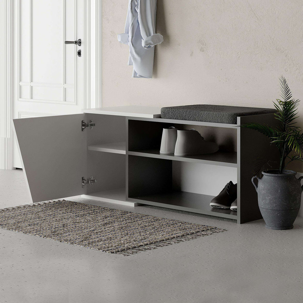 Shoe storage bench with hinged lid and open cubbies, anthracite top and white base