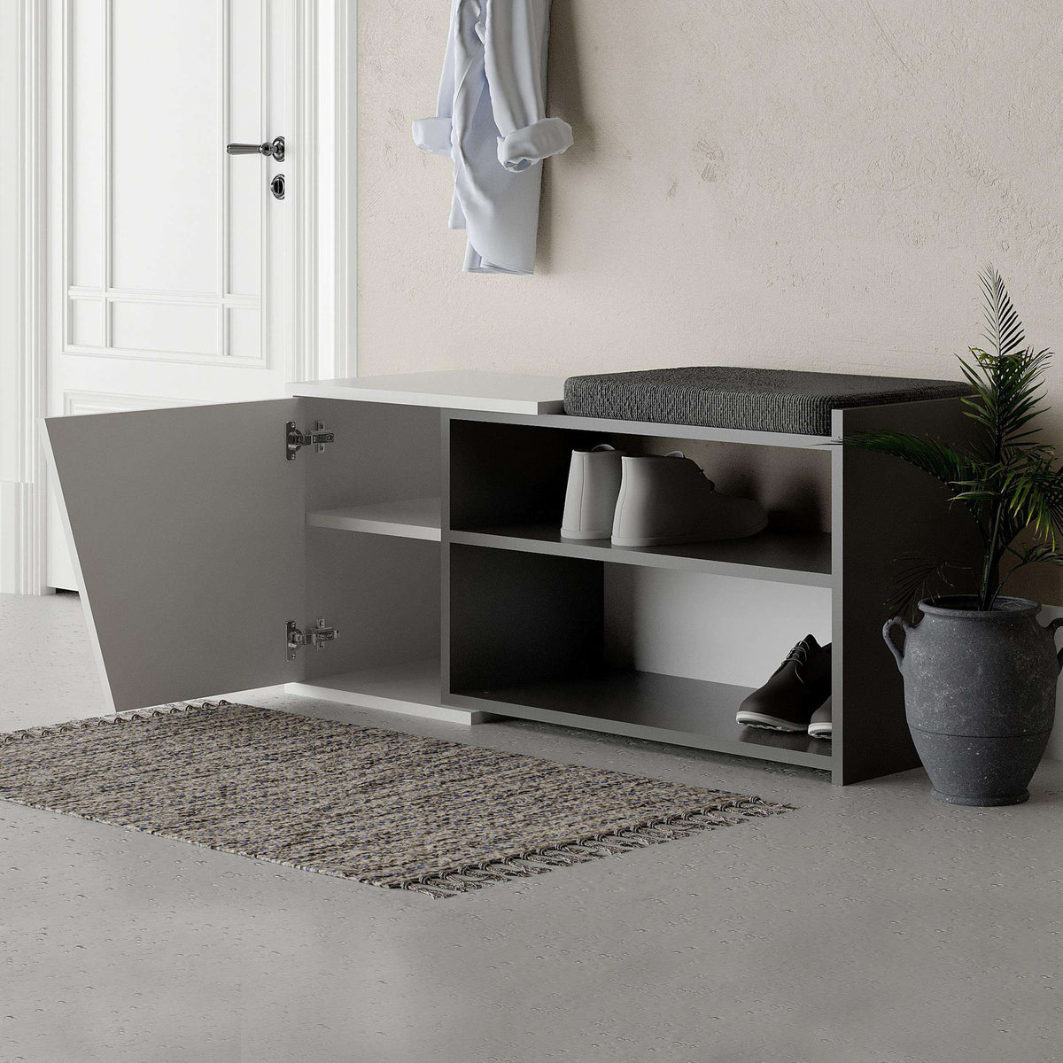 Fiona shoe storage bench with open shelves, white cabinet and dark anthracite seat top