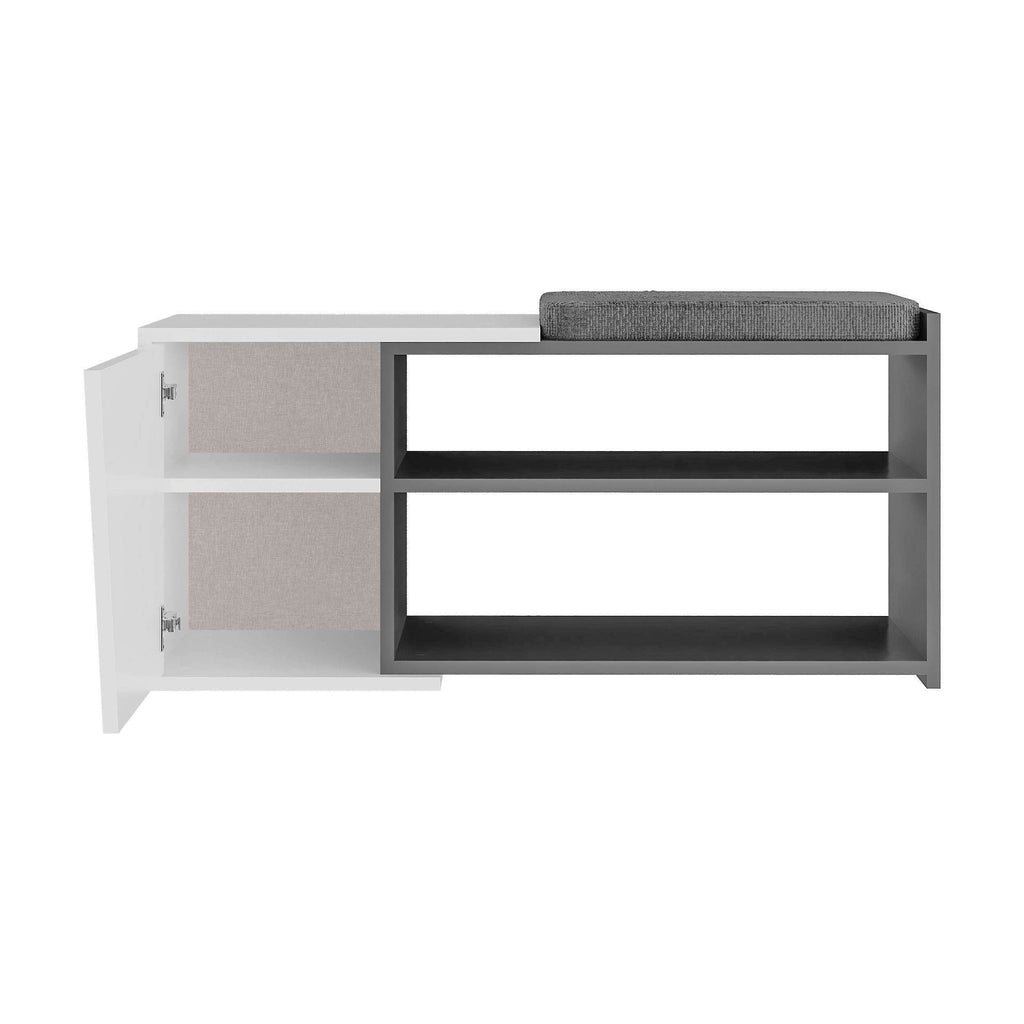 Shoe storage bench with hinged seat, dark gray frame and white cabinet, 104 cm wide