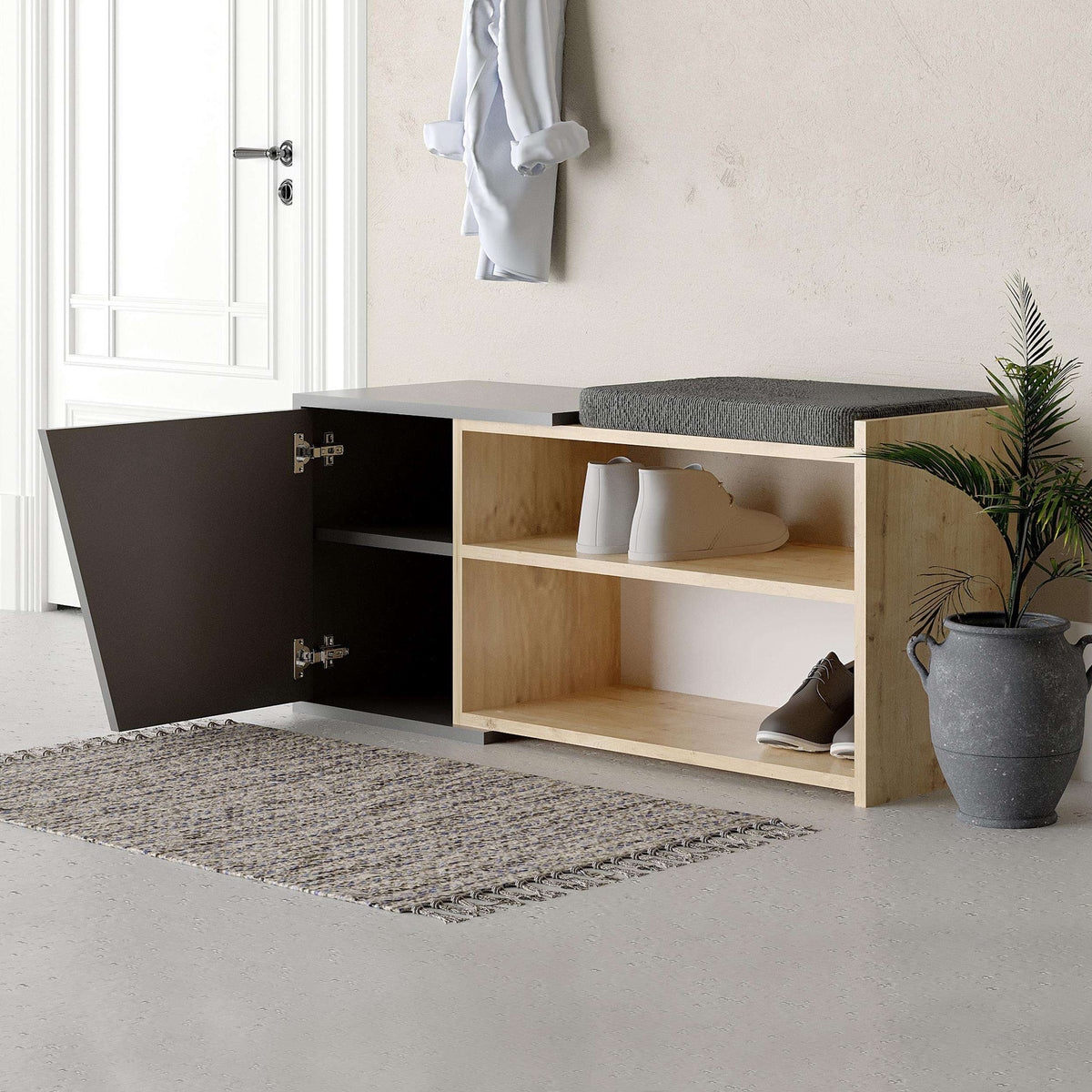 Shoe storage bench with open compartments, dark base, light wood shelves, and bench seat.