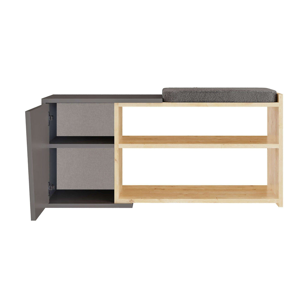 Shoe storage bench in dark and light wood with two open shelves and upholstered top seat.