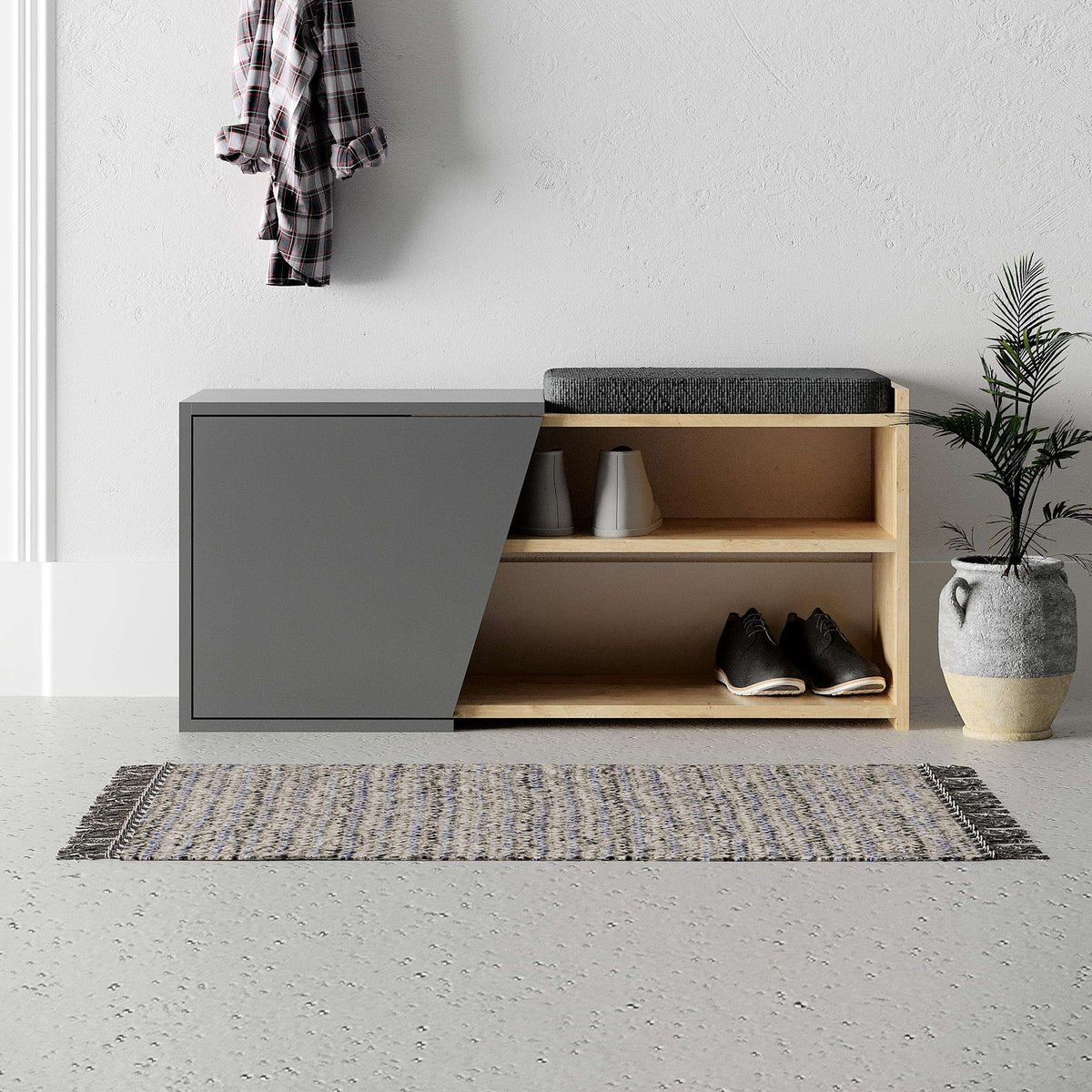 Shoe storage bench with hinged seat, anthracite outer frame and oak interior cubbies