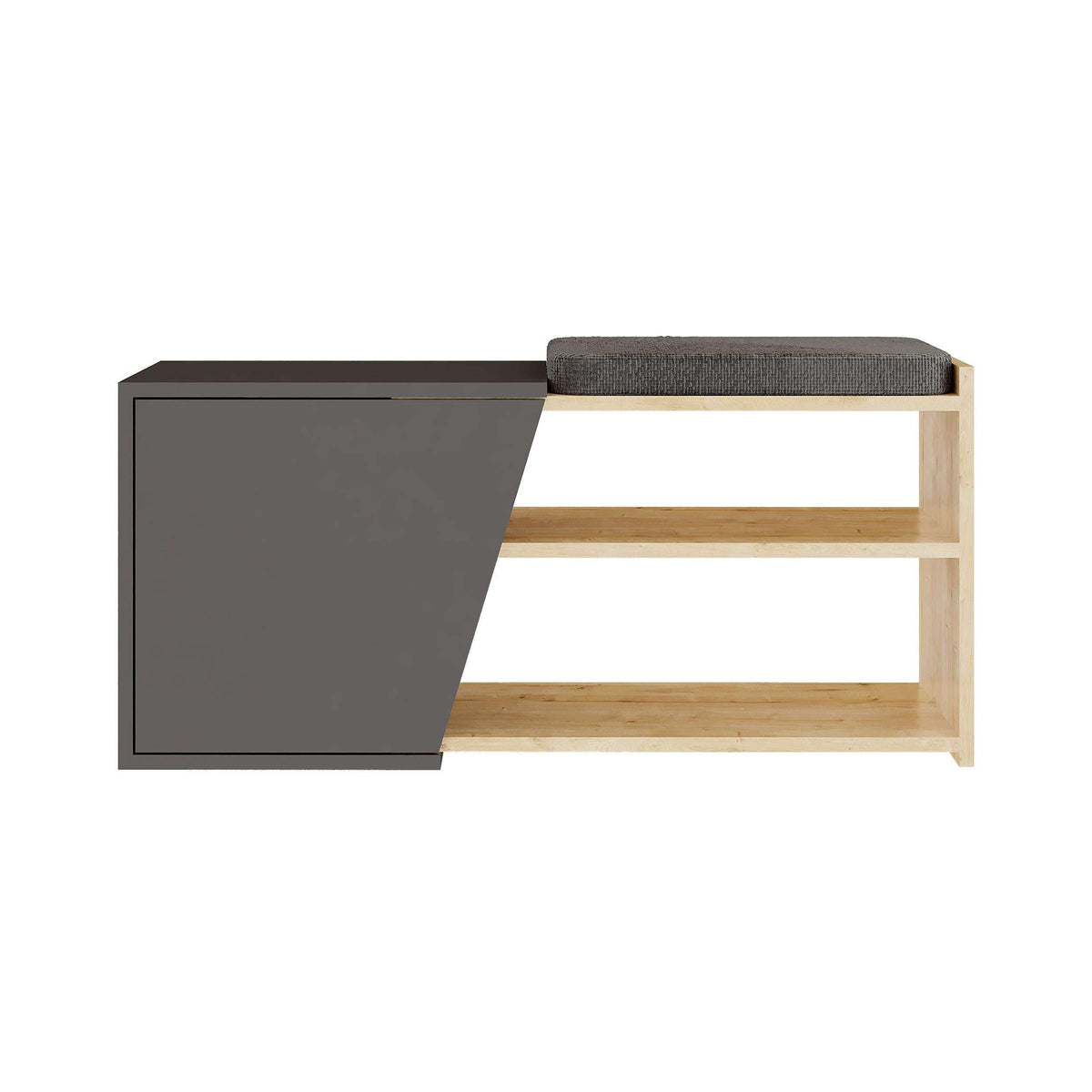Shoe storage bench with dark side panel, light wood shelves, and upholstered dark seat top.