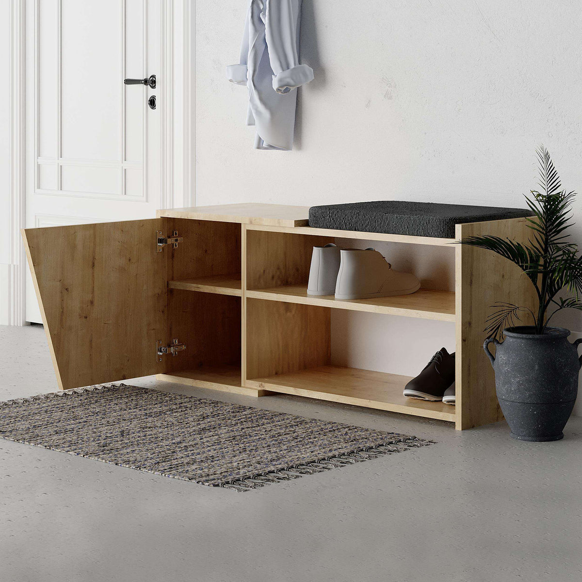 Oak shoe storage bench with open cubbies, dark gray cushion, and footwear inside
