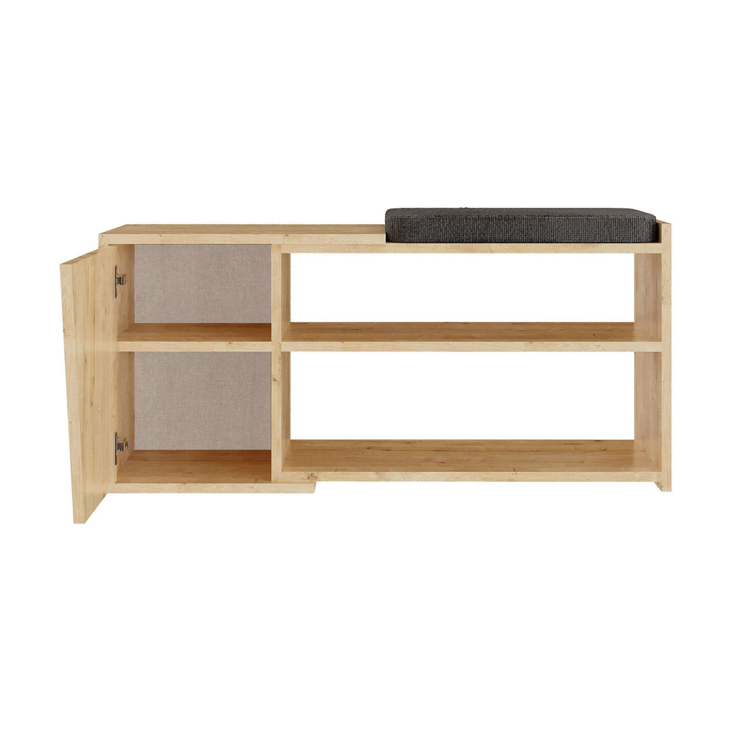 Light oak shoe storage bench with dark gray seat and open shelving compartments