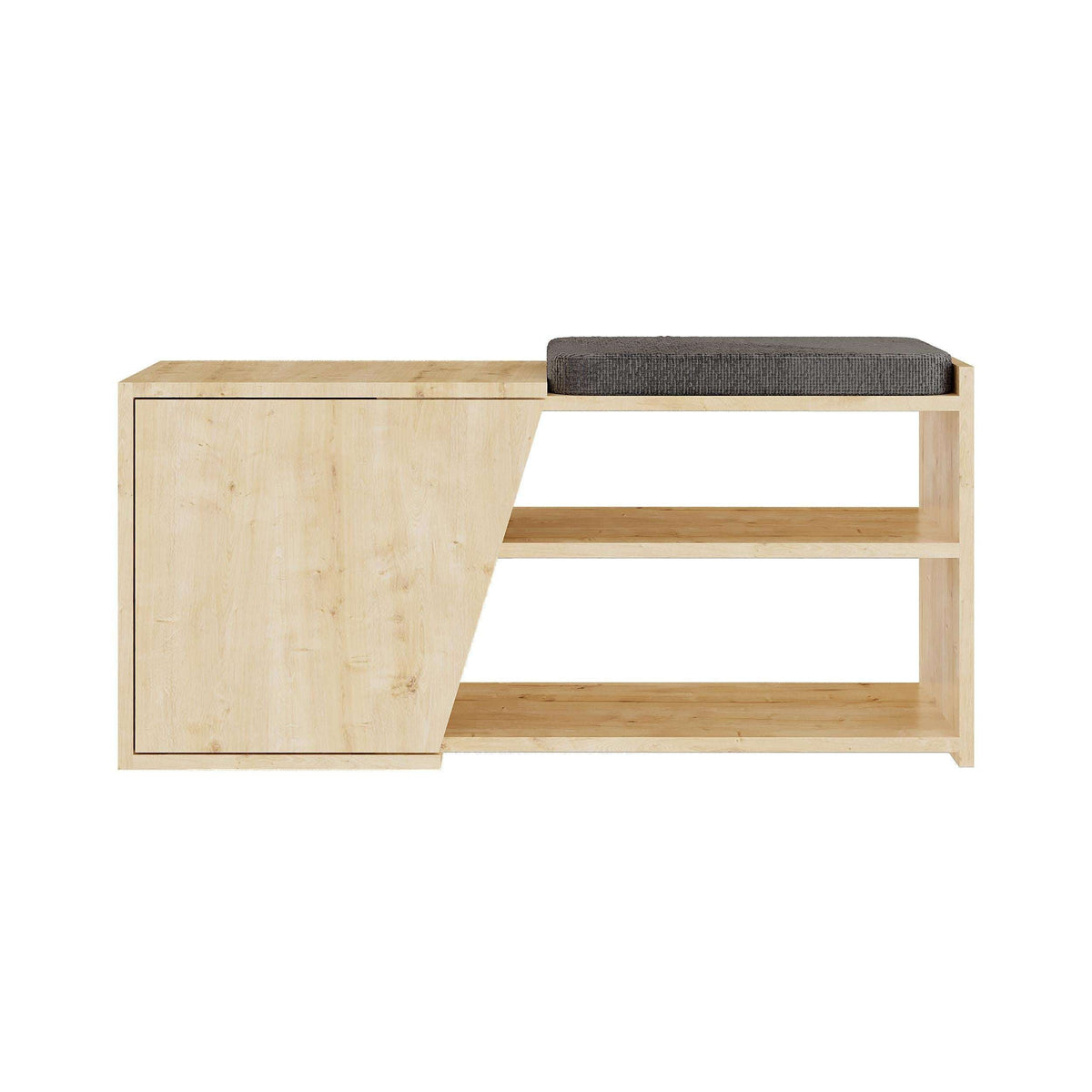 Shoe storage bench with light wood cabinet, open shelves, and upholstered dark seat top.
