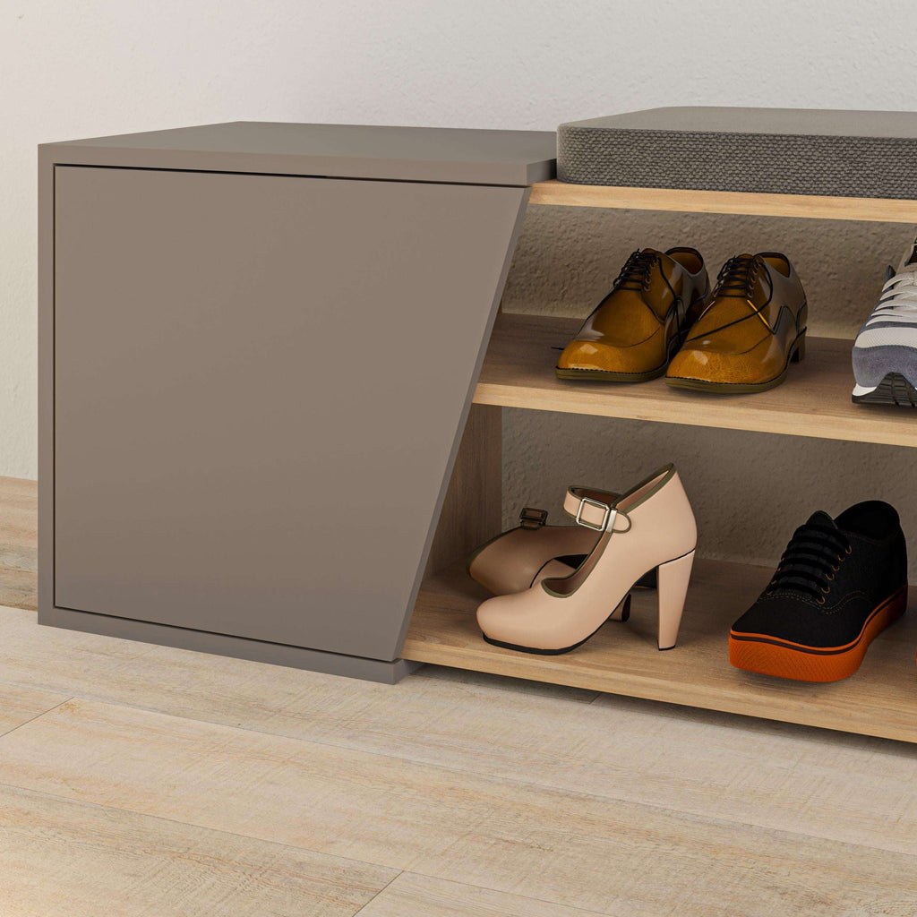 Shoe storage bench with open shelves and hinged lid, gray interior, dark cabinet side panel