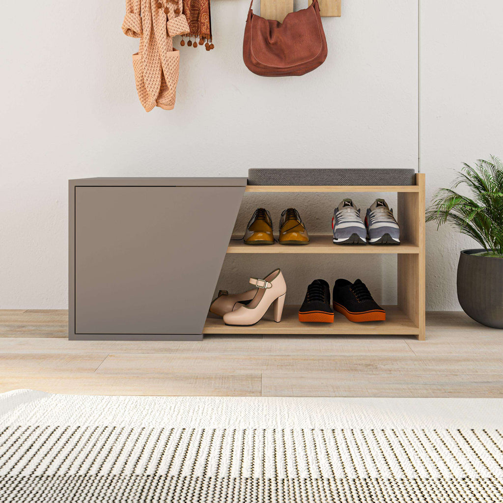 Shoe storage bench with open shelves, gray interior, black cushion top, wood side panel