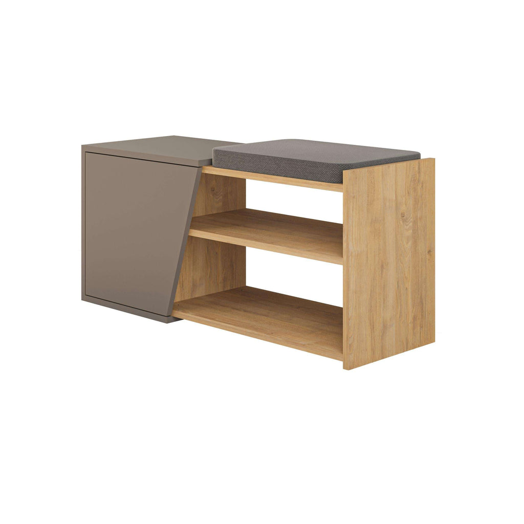 Oak shoe storage bench with gray side panel and open wooden shoe cubbies