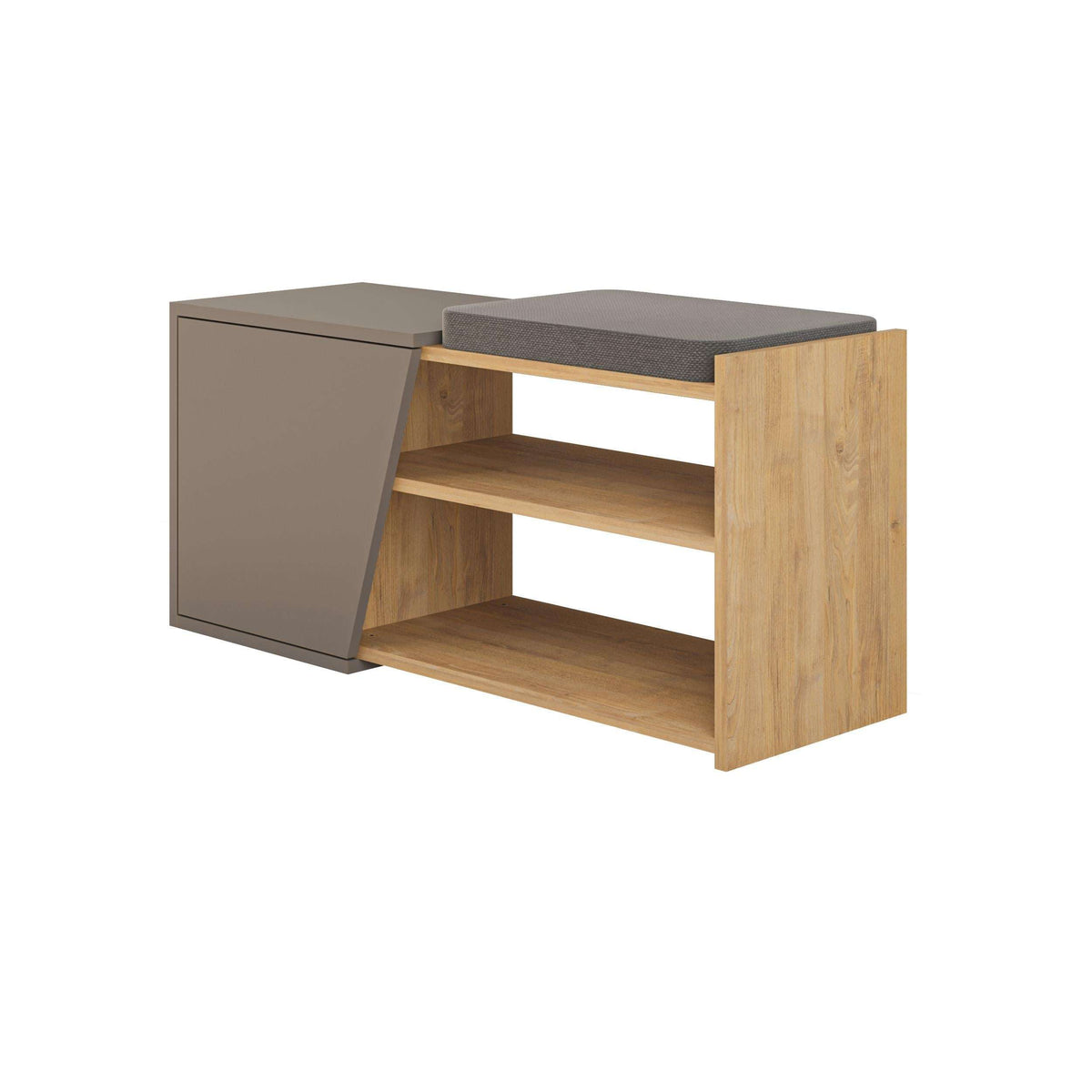 Oak shoe storage bench with gray side panel and open wooden shoe cubbies