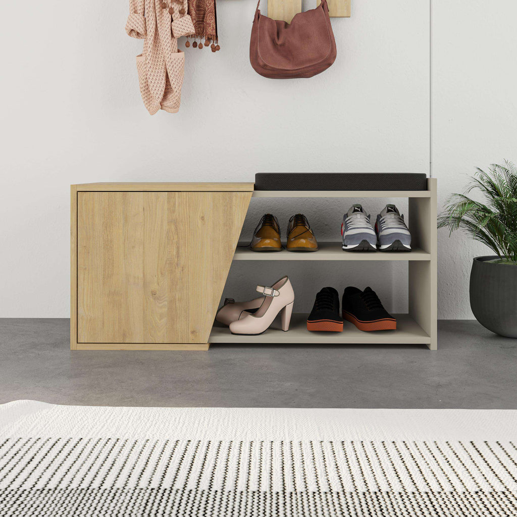 Fiona shoe storage bench with open shelves and flip door, light oak frame, shows shoes