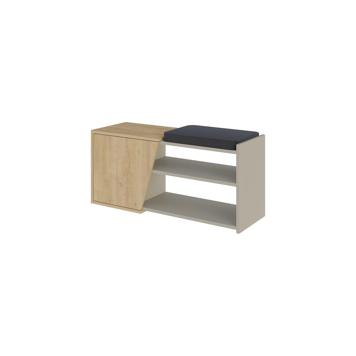Shoe storage bench with hinged seat, oak side panels and dark bench pad, light gray base