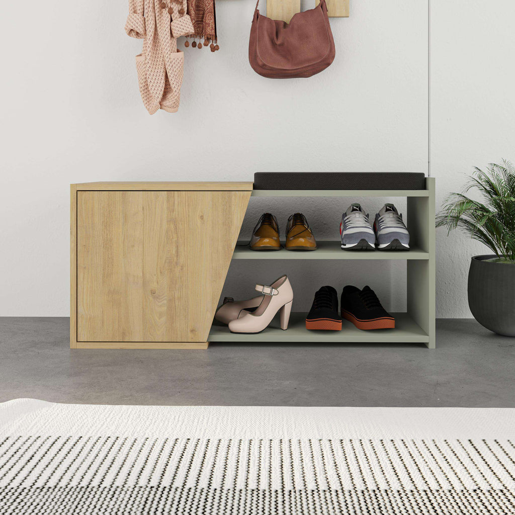 Shoe storage bench with open shelves, black cushion, oak cabinet door, gray interior and shoes