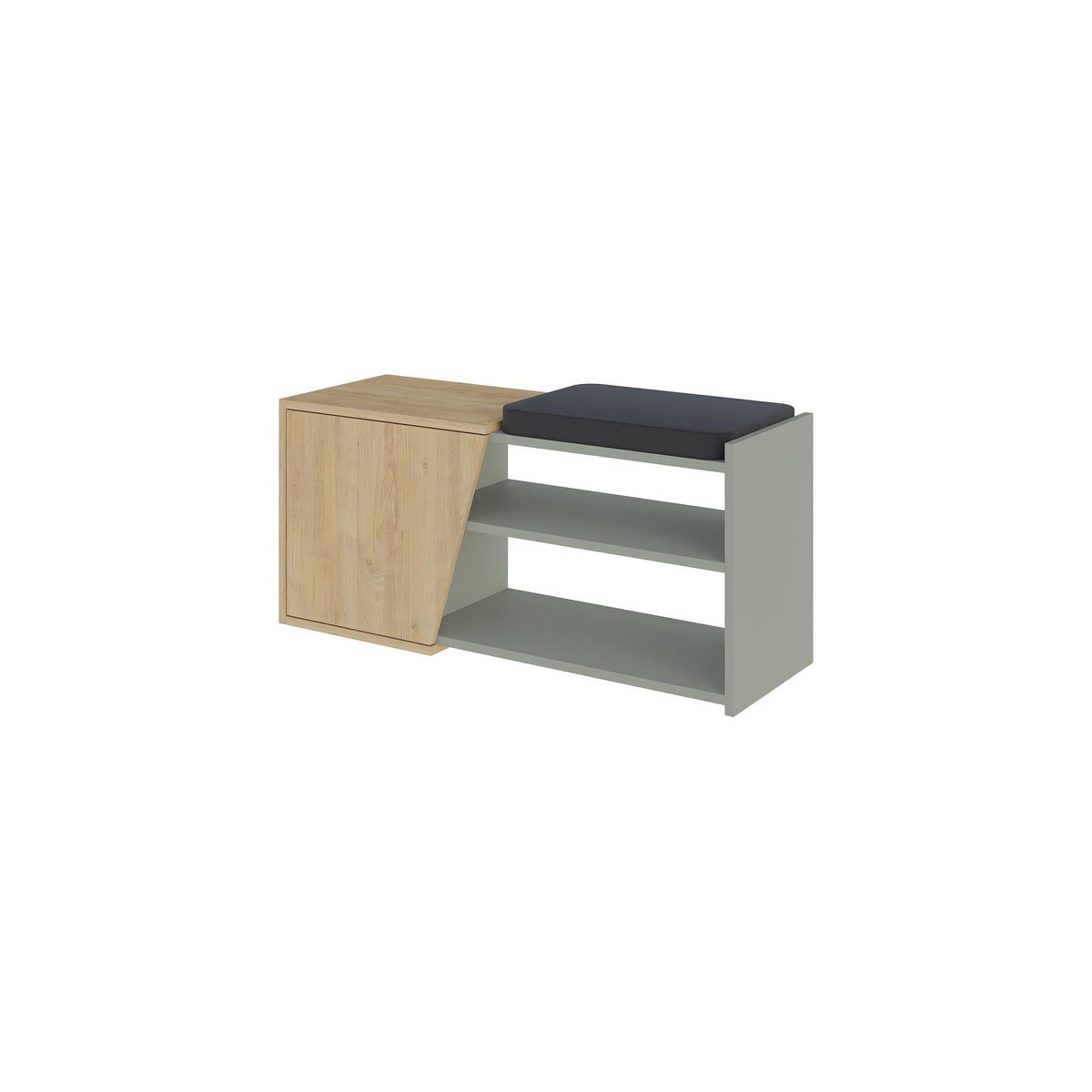 Shoe storage bench with bench cushion, gray cabinet, oak side panels, open shoe storage shelves