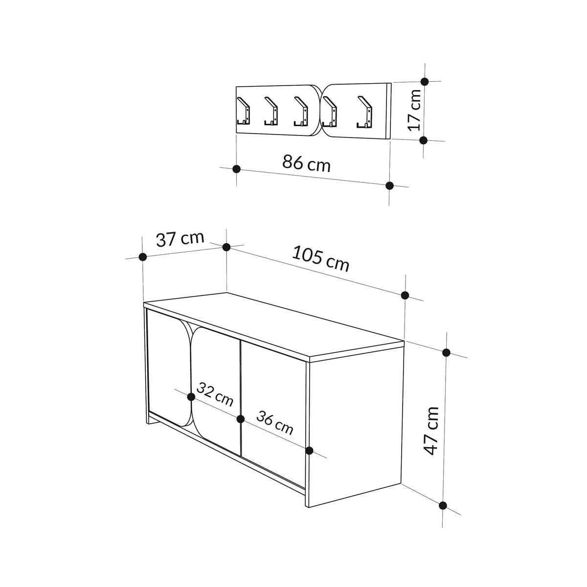 Shoe cabinet dimensions diagram with coat hooks; shows 105 cm length and 47 cm height