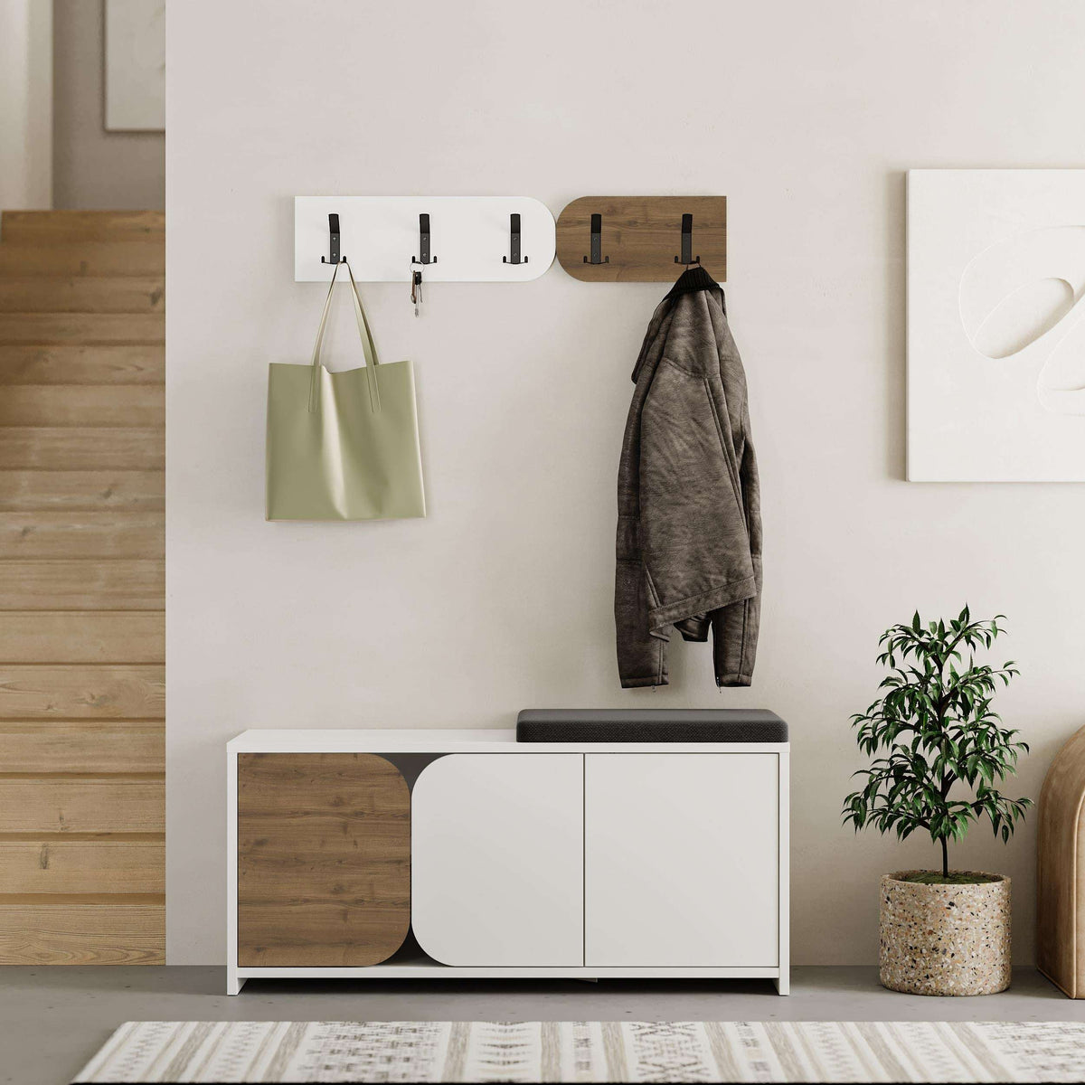 Hallway shoe cabinet with coat hooks, open shoe storage, wood side panel and white door panels
