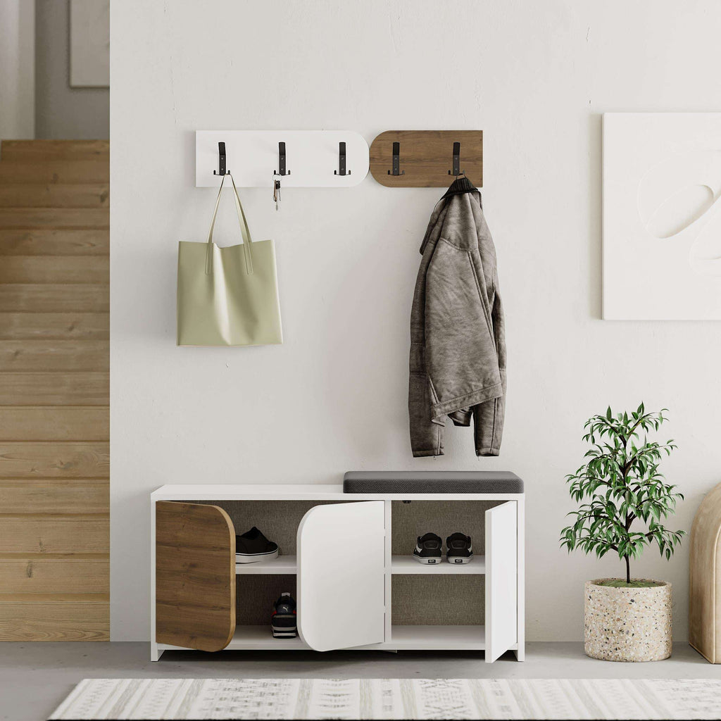 Hallway shoe cabinet with open shelf, wood side panel, white doors, coat hooks and bag hooks
