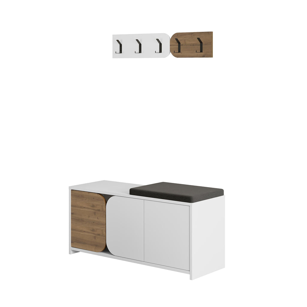 Shoe cabinet and coat hooks set with white doors, wood side, black cushioned top