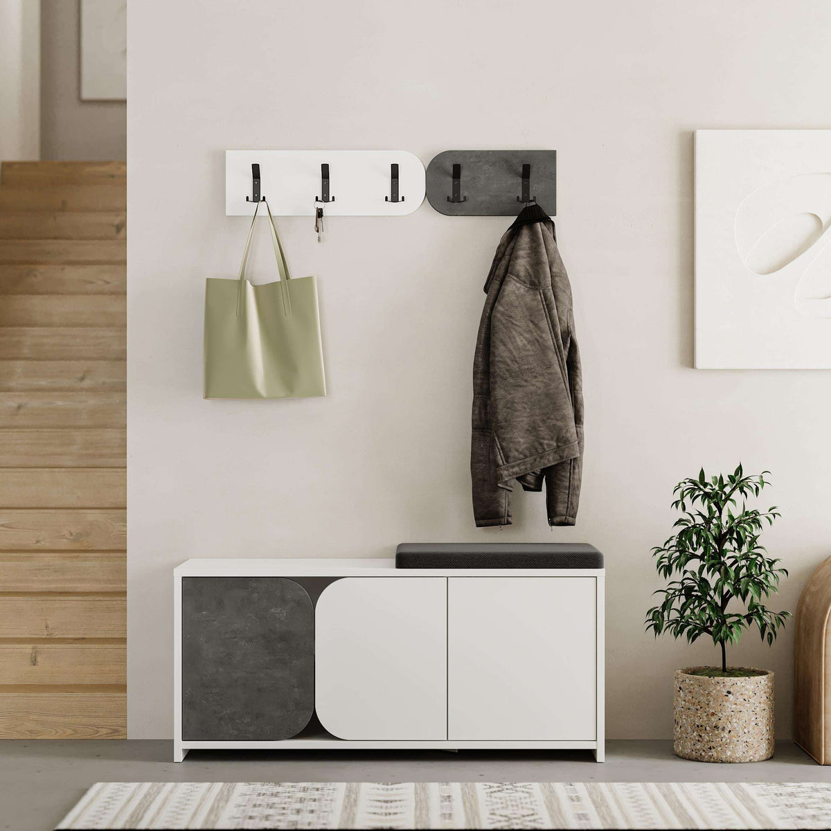 White shoe cabinet with rounded side storage door and dark cushion top
