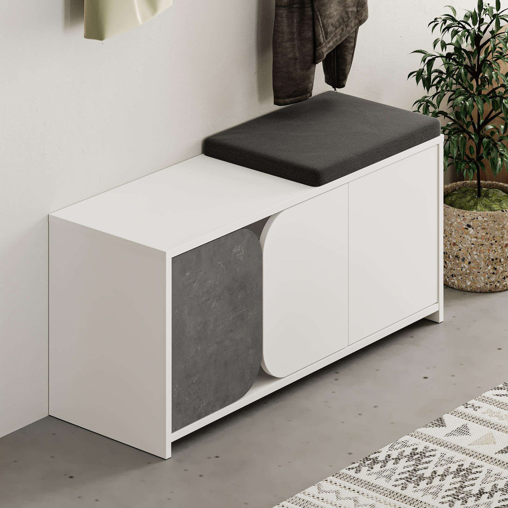 White hallway shoe cabinet with dark top cushion and side storage panel