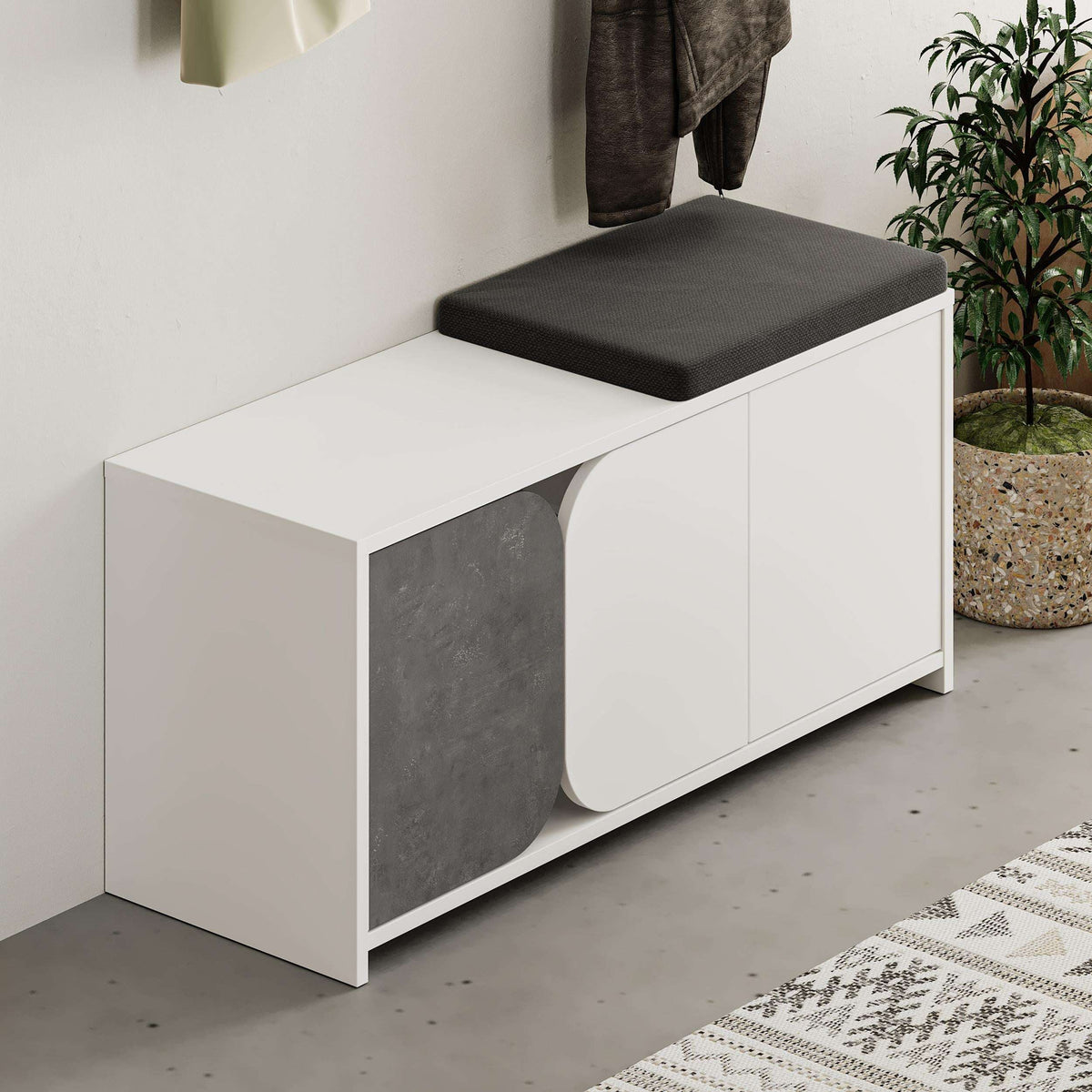 White hallway shoe cabinet with dark top cushion and side storage panel