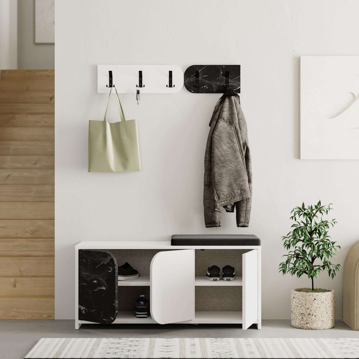 Hallway shoe cabinet with marble front, open shoe shelf, wall hooks and hanging coat