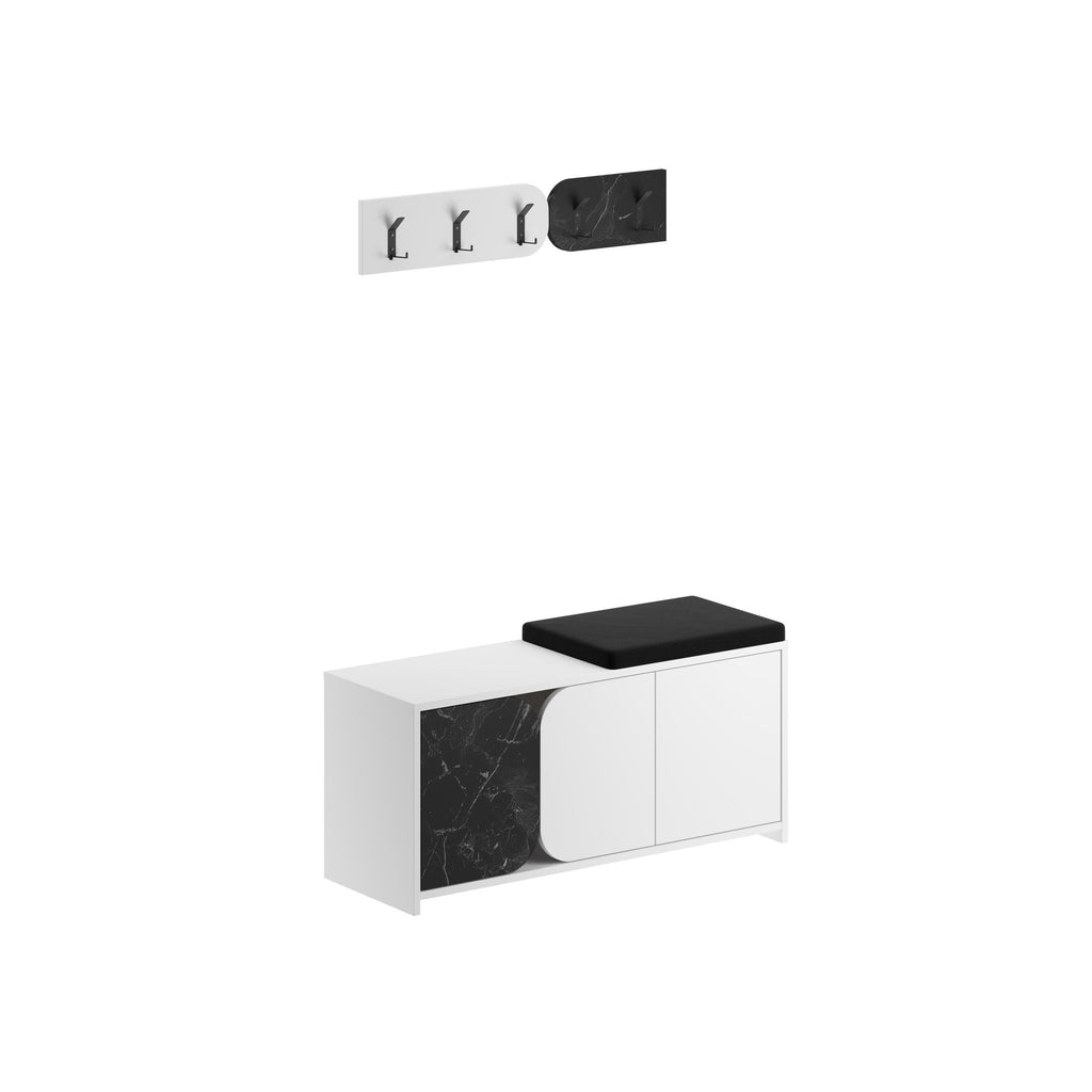 White shoe cabinet and wall coat rack set with dark cushion and hooks