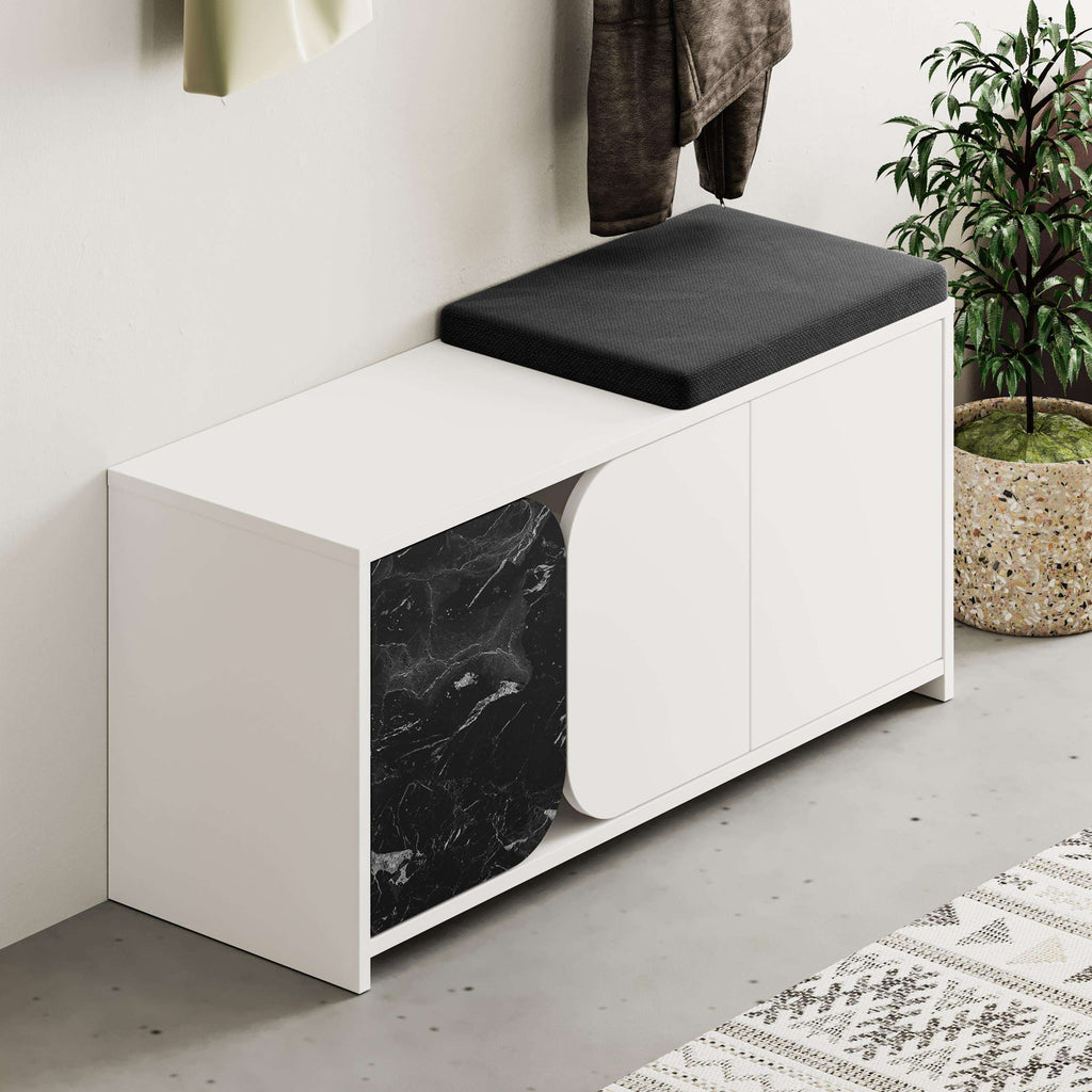 White shoe cabinet with dark marble-style side panel and black top cushion
