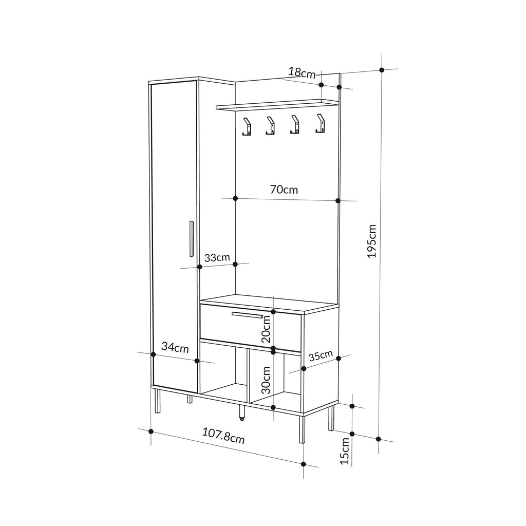 Hall stand shoe-storage dimension diagram with coat hooks, cabinet, and drawer