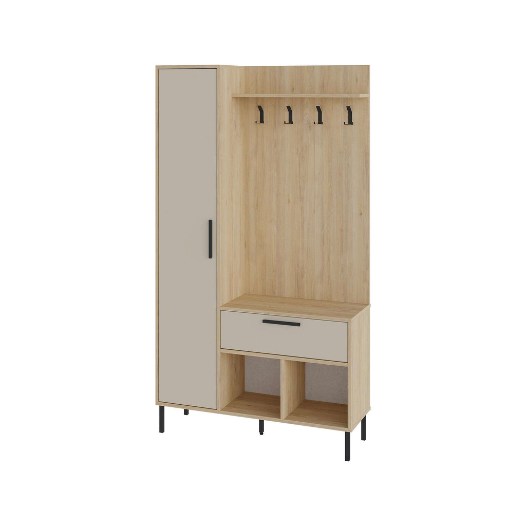 Light oak hall stand with coat hooks, tall side cabinet door, and shoe storage cubbies