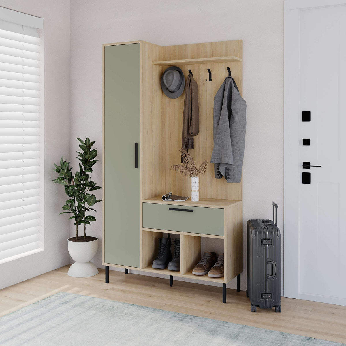 Light oak hall stand with coat hooks, light green cabinet door, drawer, and shoe storage