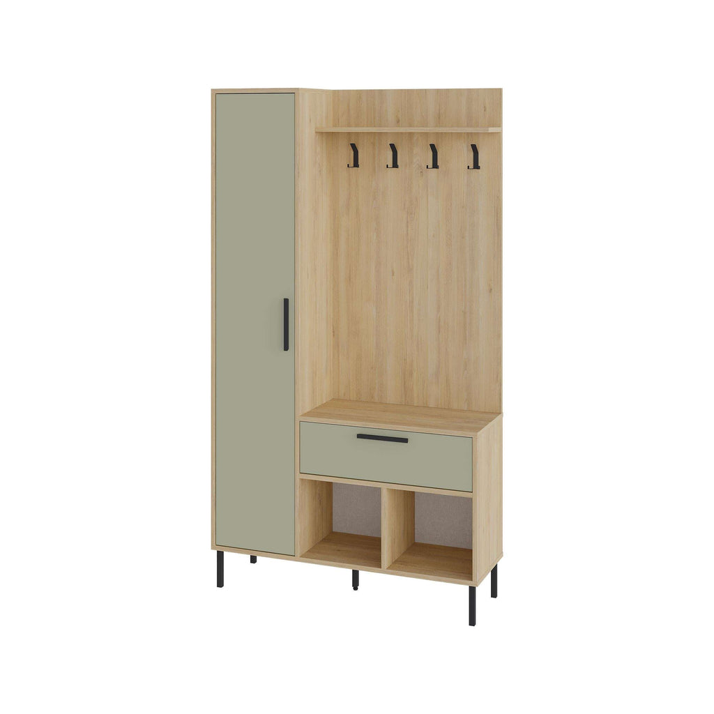 Light oak hall stand with coat hooks, green cabinet door, drawer, and shoe storage cubbies