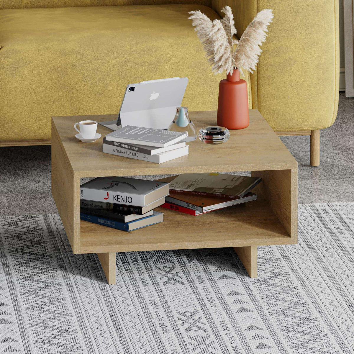 Light oak multipurpose coffee table with open storage and sturdy legs