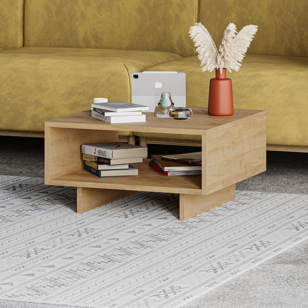 Light oak multipurpose coffee table with open storage shelves