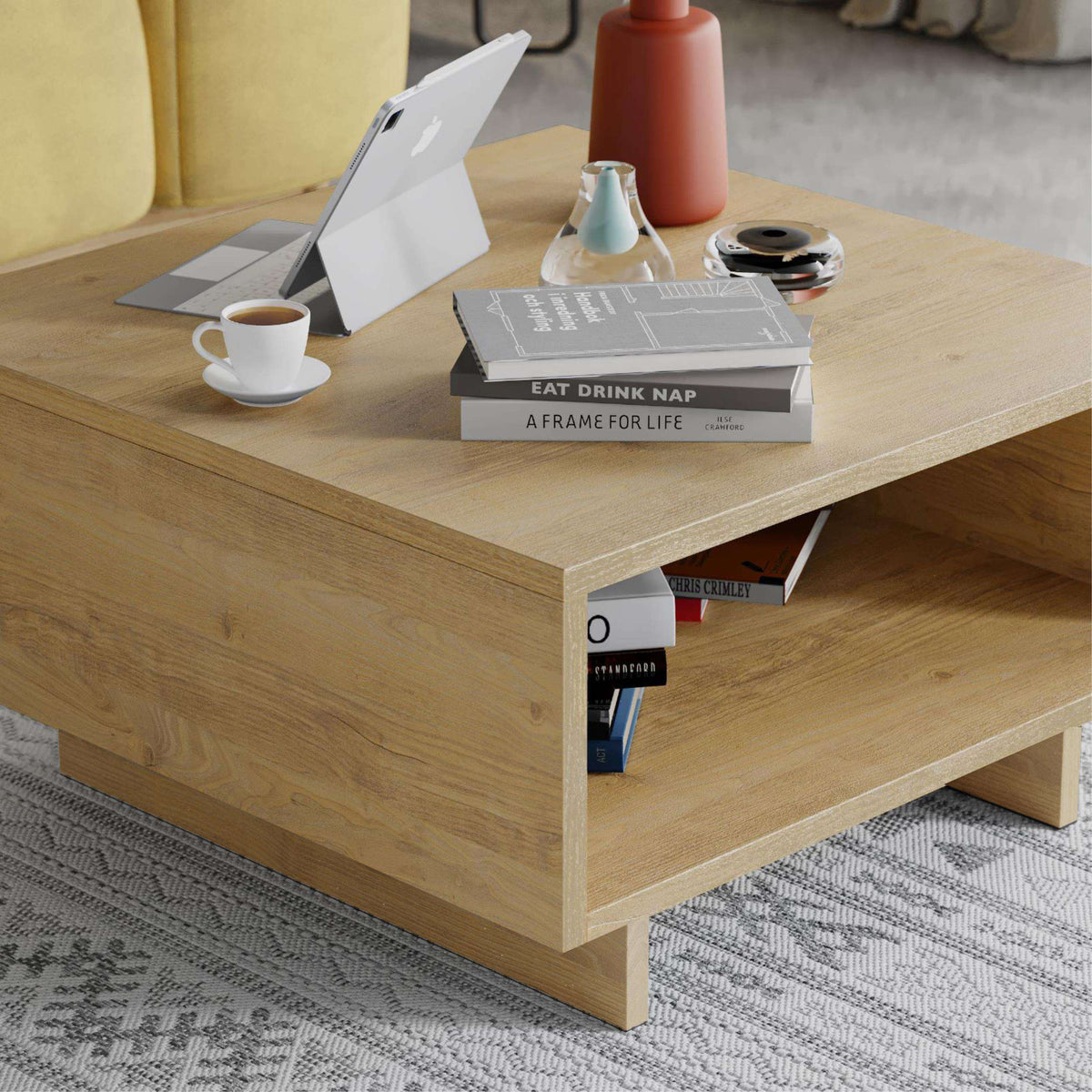 Light oak multipurpose coffee table with wide top and open side shelf