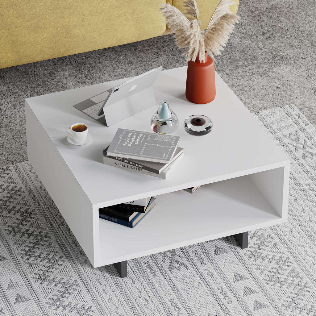 White modern square coffee table with open lower shelf and solid block legs