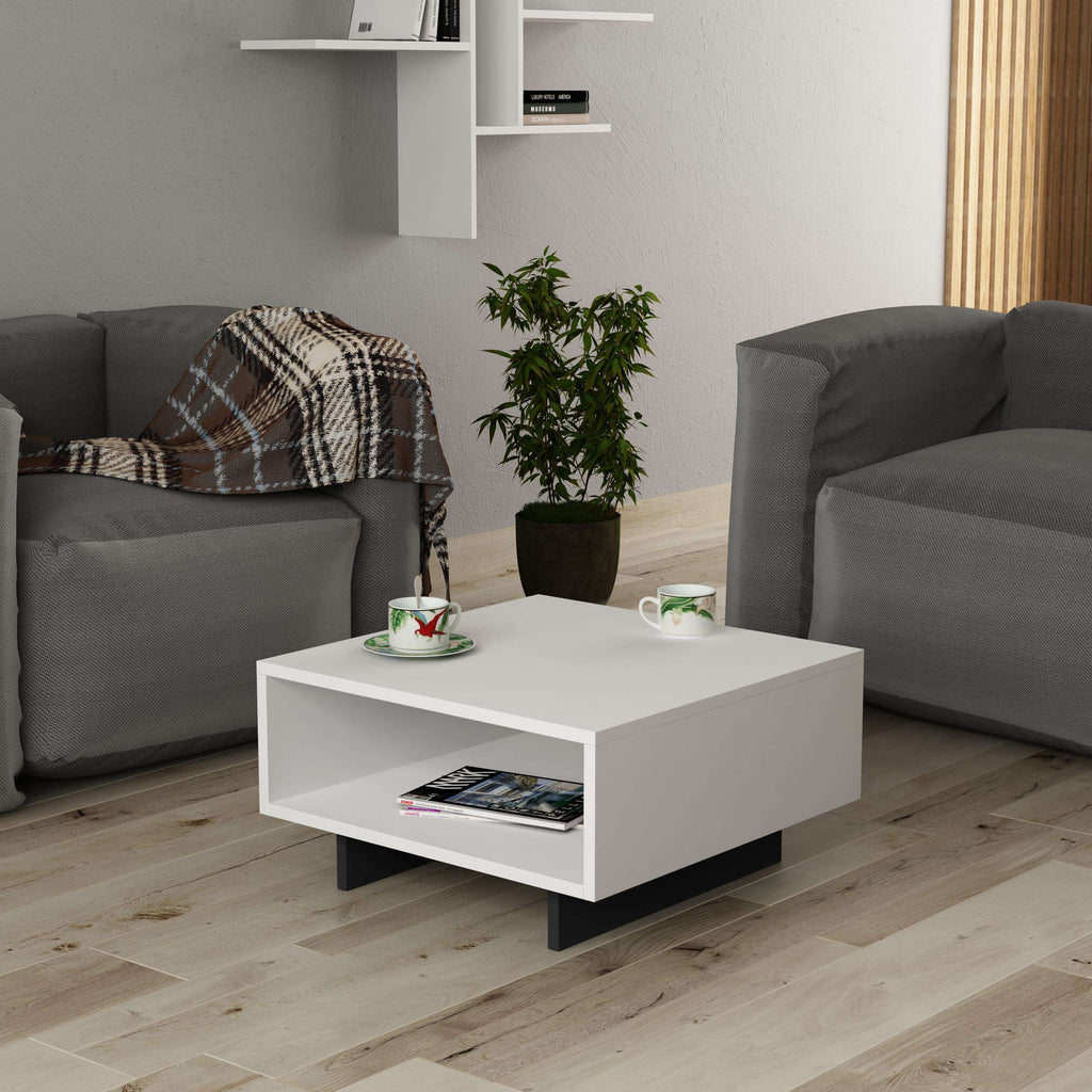 White multipurpose coffee table with open storage compartment